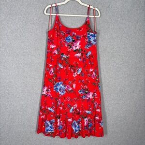 Miami Gauze Floral Tiered Midi Dress Large Red Blue Feminine Resort Crinkle